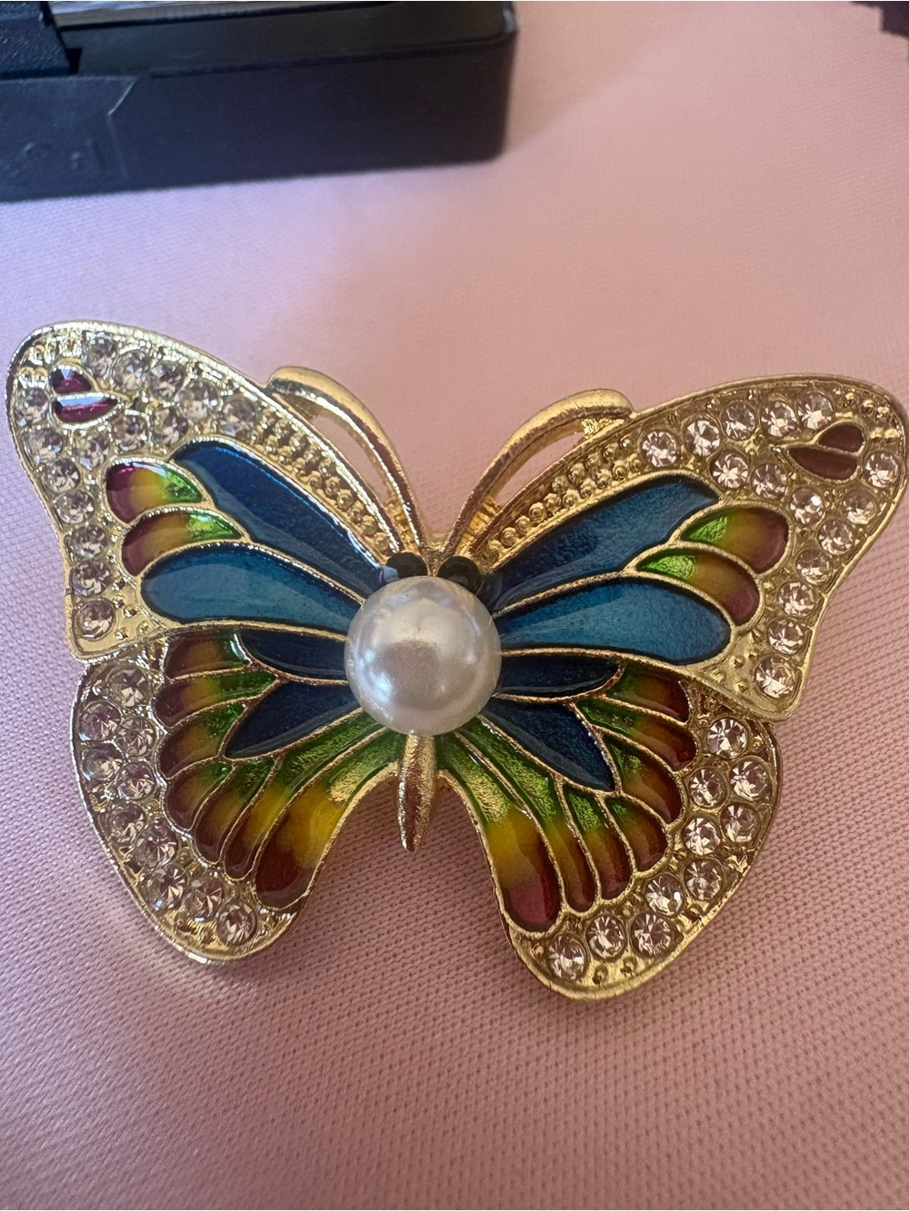 Gold-tone Multicolor rainbow Butterfly Brooch with Pearl Center embellishment